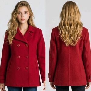 LL Bean Pea Coat Womens 12 Red 100% Lambswool Thinsulate Double Breasted Pockets